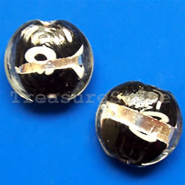 Bead, lampworked glass, black, 19x8mm puffed round. Pkg of 5.