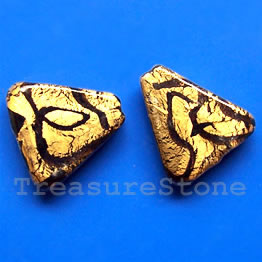 Bead, lampworked glass, gold foil, 18x21x5mm triangle. Pkg of 3.
