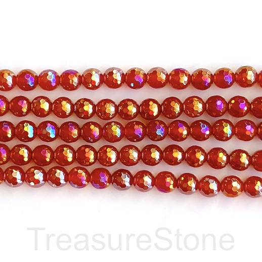 Bead, red agate, dyed, 8mm faceted round, plated AB. 15, 48pcs
