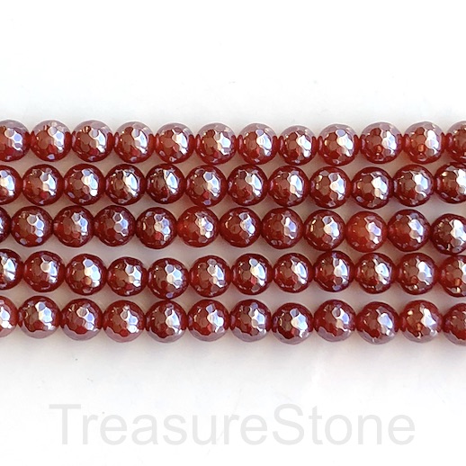 Bead, red agate,dyed,8mm faceted round, silver plated.15", 48pcs