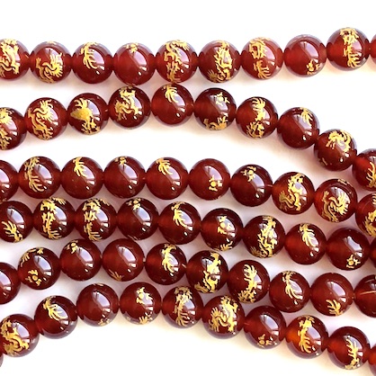 Bead, red agate, dyed, 8mm round. gold carved dragon. 15", 47pcs