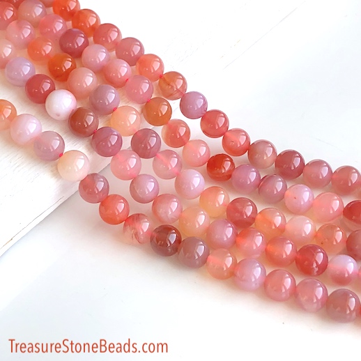 Bead, pink red agate, natural colour, 8mm round, 15.5", 46pcs