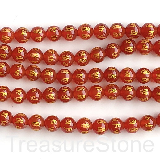 Bead,red agate,8mm round,gold carved six word mantra.15",48