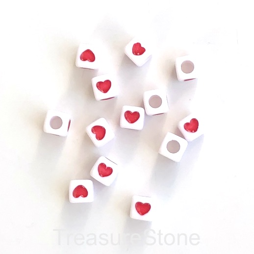 Bead, resin, 7mm cube, white, red heart, 25pcs
