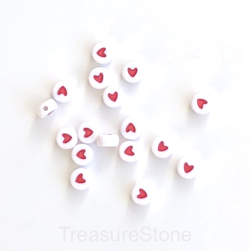 Bead, resin, 7mm flat round, white, red heart, 25pcs