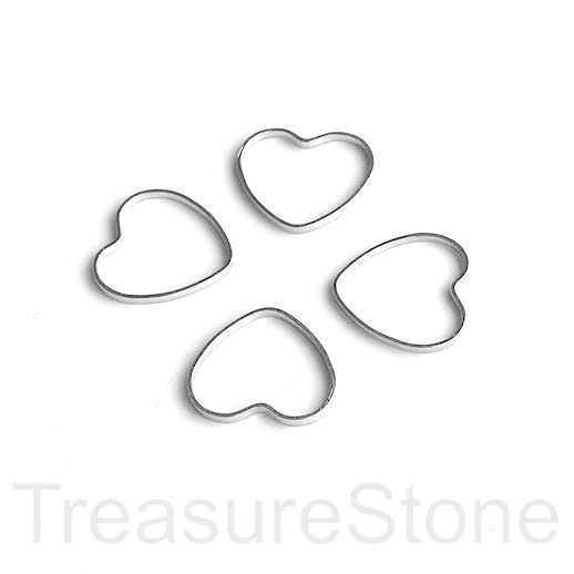 Bead, Charm, rhodium plated brass, 14mm open heart, pack of 6.