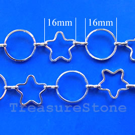 Chain, brass, rhodium-plated, 16mm open star, circle. 1 meter - Click Image to Close