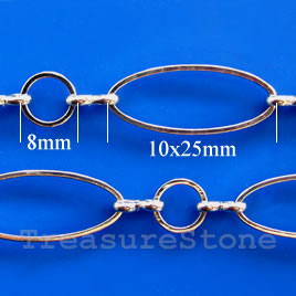 Chain, brass,rhodium-plated, 8/10x25mm. Sold per pkg of 1 meter.