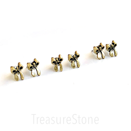 Earring studs, pewter, brass, ribbon bow, 8x9mm. One pair