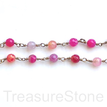 Rosary Chain,beaded, brass link,6mm dyed pink agate faceted, 1 m
