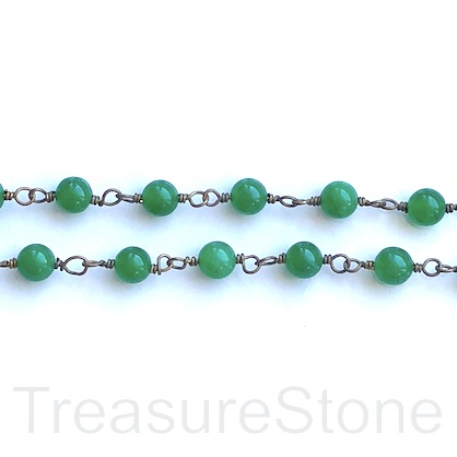 Rosary Chain,beaded, brass link,6mm dyed emerald green jade, 1 m
