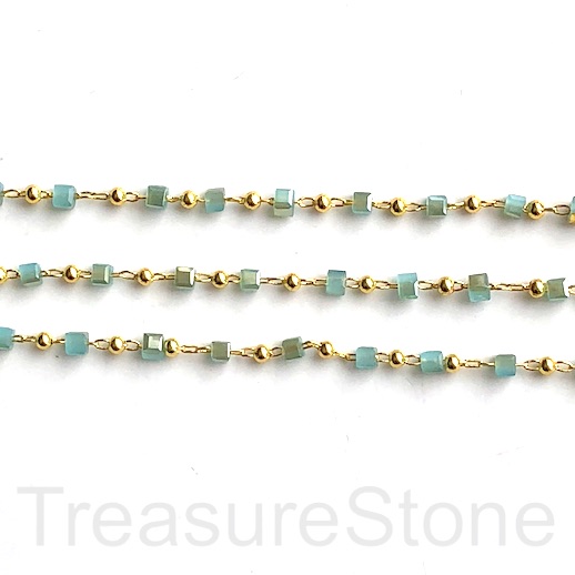 Rosary Chain,beaded,gold brass link,2.5mm amazonite glass cube,m