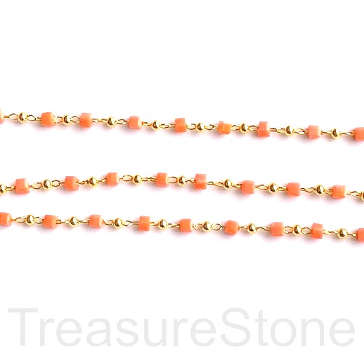 Rosary Chain,beaded, gold brass link,2.5mm orange glass cube, 1m