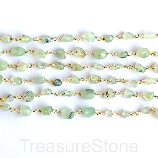 Rosary Chain,beaded, brass link, gold, 6x8mm prehnite nugget,1m