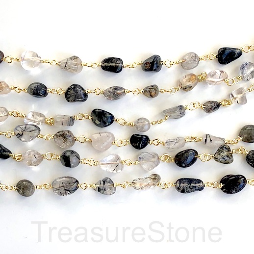 Rosary Chain,beaded, brass link,gold, 6x8mm tourmalinated quartz
