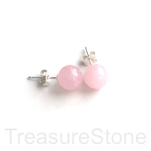 Earring studs, sterling silver, 8mm rose quartz round. One pair