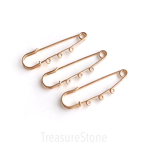 Brooch pin, safety pin Charms,3 Hole, warm gold-finished,63mm.ea