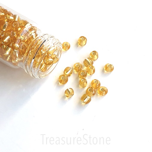 Seed bead, glass, gold, around 4mm round. 15g, about 200pcs