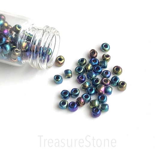 Seed bead, glass, peacock, around 4mm round. 15g, about 200pcs