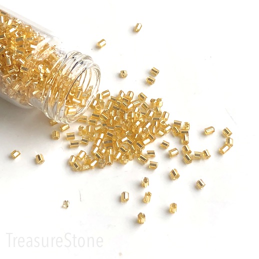 Bead, glass bugle, gold, 2mm tube. 15-gram