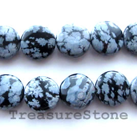 Bead, snowflake obsidian, 10mm flat round. 15.5-inch.