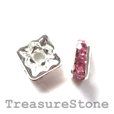 Spacer bead, silver plated brass, pink, 6mm square. Pkg of 5.