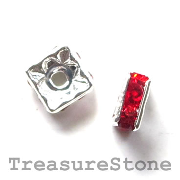 Spacer bead, silver plated brass, red, 6mm square. Pkg of 5.