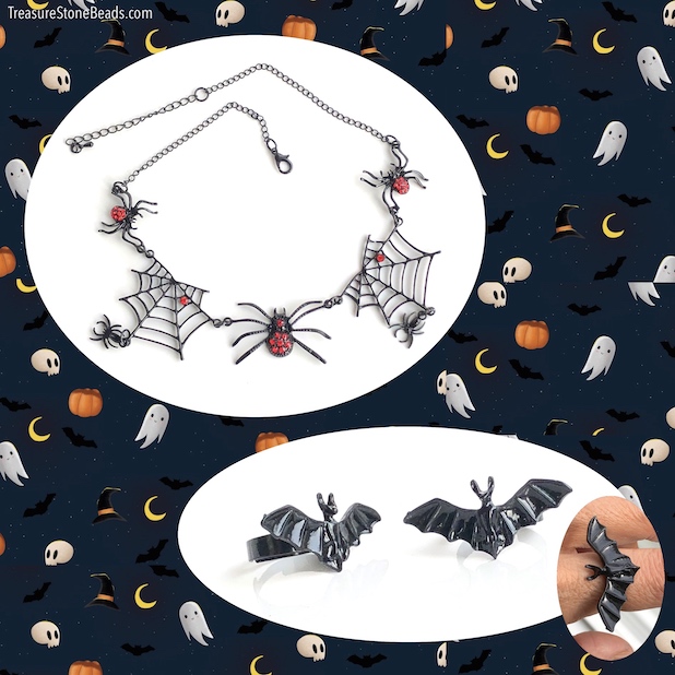 Halloween Necklace, black spiders with bat ring. one set. - Click Image to Close