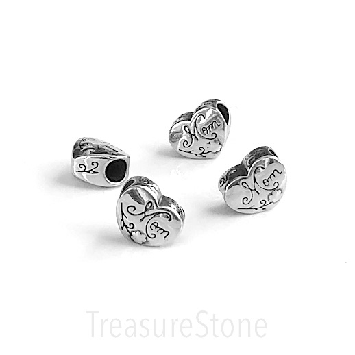 Bead, stainless steel,12x13mm heart,MOM,rose,large hole:4.5mm.Ea