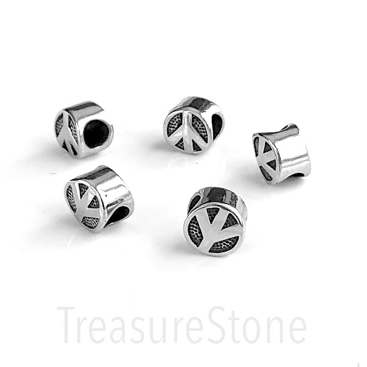 Bead, stainless steel,10mm round, peace symbol,large hole:5mm.ea