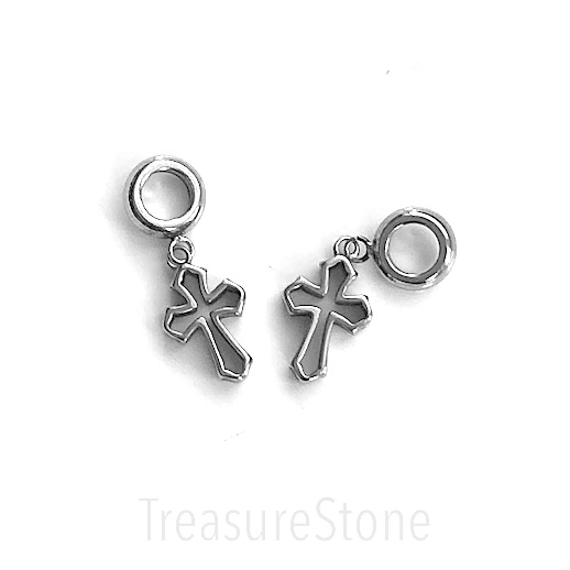 Charm, pendant, stainless steel, 10x14mm cross with hanger. ea