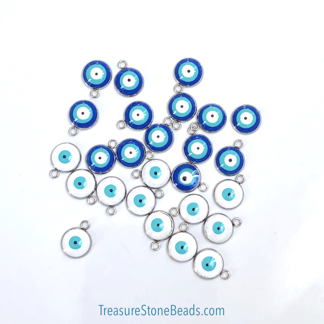 Charm, pendant, stainless steel, 10mm evil eye, blue. Pack of 3 - Click Image to Close