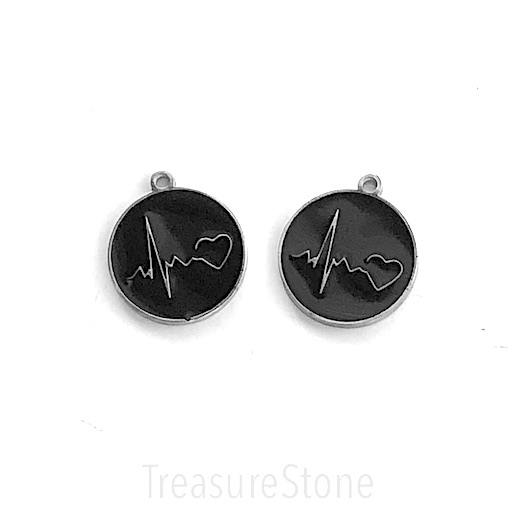 Charm, pendant, stainless steel, 15mm heartbeat, heart, black.ea