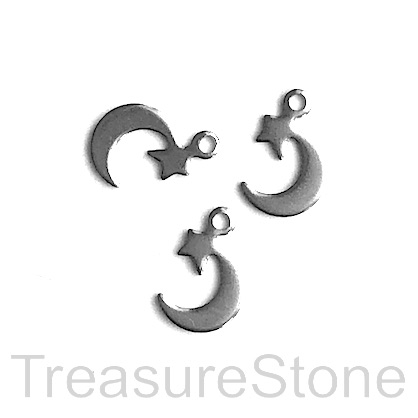 Charm, stainless steel, 7x9mm star, moon. pack of 7