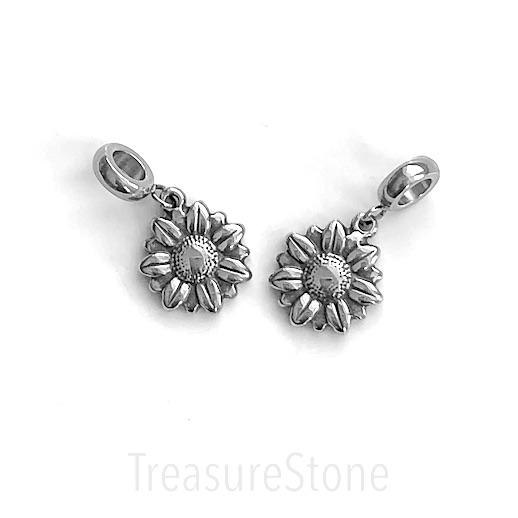 Charm, pendant, stainless steel, 15mm sunflower with hanger. ea