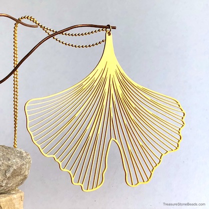 Necklace,pendant, stainless steel, 88x100mm gold leaf, 29" chain