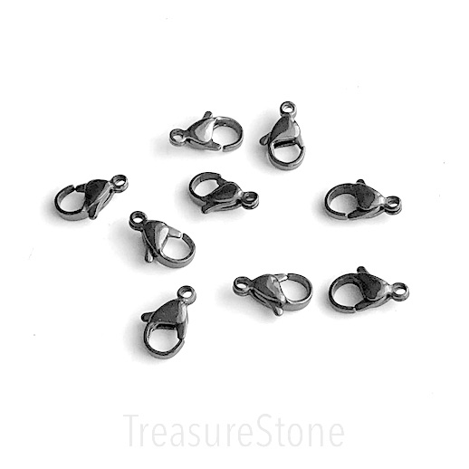 Clasp, lobster claw, stainless steel, black, 7x12mm. Pack of 4