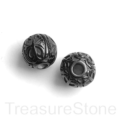 Bead, stainless steel, 11mm patterned round, black. Ea