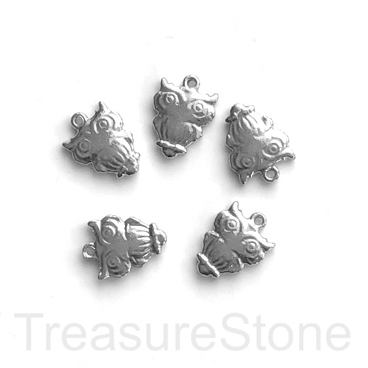 Charm, pendant, stainless steel, 12x16mm owl. Pack of 2