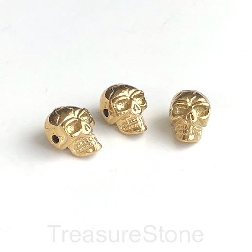 Bead, stainless steel, 9x14mm skull, gold. each