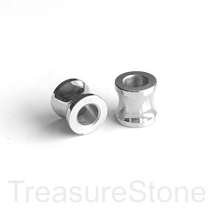 Bead, stainless steel, 8mm shaped tube, large hole, 3.5mm. 2pcs