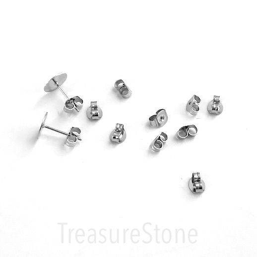 Ear stud nuts, stoppers, backs, stainless steel, 6mm. 10 pairs