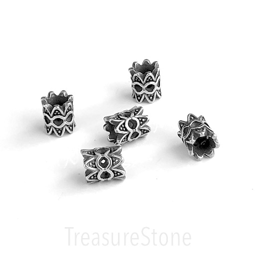Bead,stainless steel,9x10mm tube,double crown,large hole: 5mm.Ea - Click Image to Close