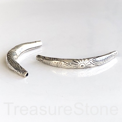 Bead, sterling silver, handmade, 6.5x39mm curved tube. Each