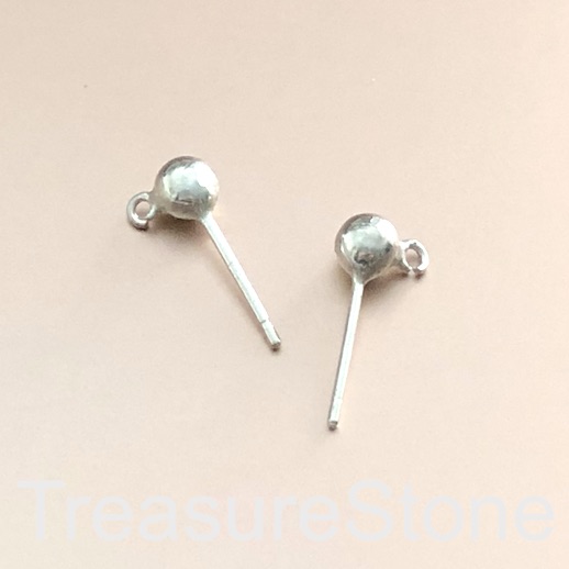 Earring stud post,sterling silver,4mm ball with loop, 15mm.1pair