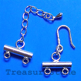 Clasp, 2-strand hook-and-eye, sterling silver, 15x3mm+chain.Each