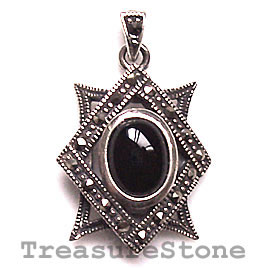 Pendant,black onyx, sterling silver pave, 18x22mm. each.