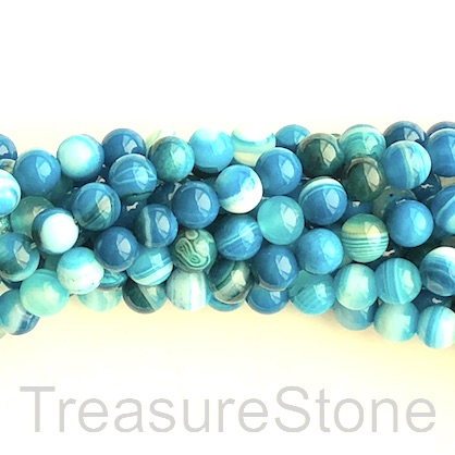 Bead, striped Agate, dyed, tilt blue, round, 8mm. 15-inch, 47pcs