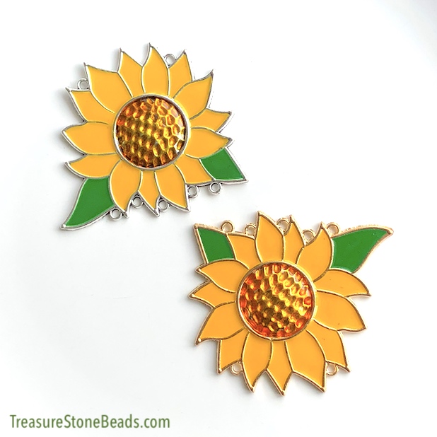 Pendant, connector, gold, 75x79mm sunflower. each