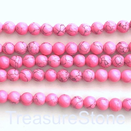 Bead, synthetic turquoise, 8mm round, bright pink. 15", 50